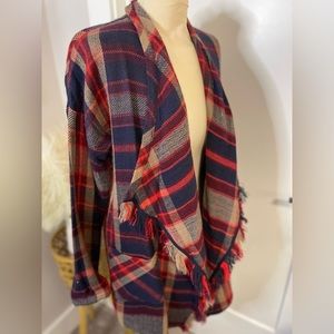 Lucky Brand Red & Navy Plaid Fringe Sweater XS